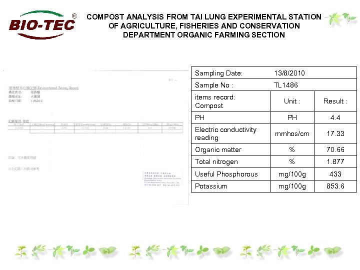 COMPOST ANALYSIS FROM TAI LUNG EXPERIMENTAL STATION OF AGRICULTURE, FISHERIES AND CONSERVATION DEPARTMENT ORGANIC