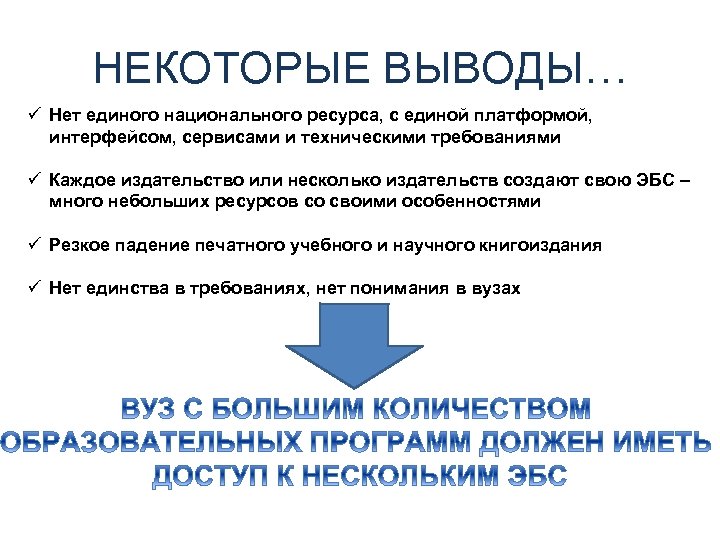 НЕКОТОРЫЕ ВЫВОДЫ… Нет единого национального ресурса, с единой платформой, интерфейсом, сервисами и техническими требованиями