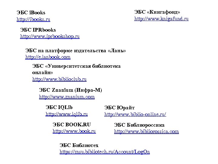 ЭБС «Книгафонд» http: //www. knigafund. ru ЭБС i. Books http: //ibooks. ru ЭБС IPRbooks