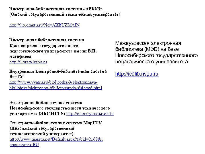 Электронно-библиотечная система «АРБУЗ» (Омский государственный технический университет) http: //lib. omgtu. ru/? id=ARBUZMAIN Электронная библиотечная