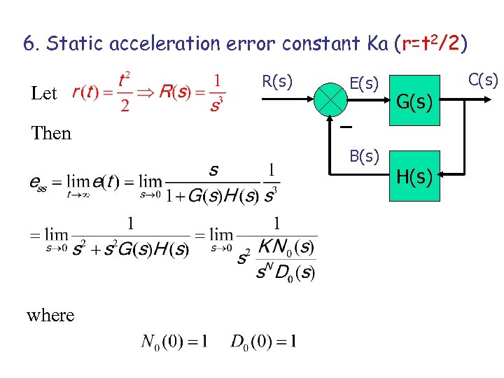 6. Static acceleration error constant Ka (r=t 2/2) Let R(s) E(s) G(s) Then B(s)