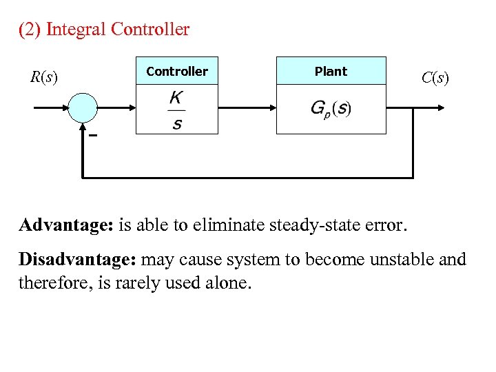 (2) Integral Controller R(s) Controller Plant C(s) Advantage: is able to eliminate steady-state error.