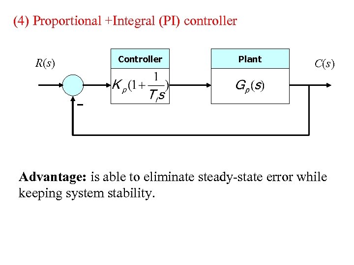 (4) Proportional +Integral (PI) controller R(s) Controller Plant C(s) Advantage: is able to eliminate