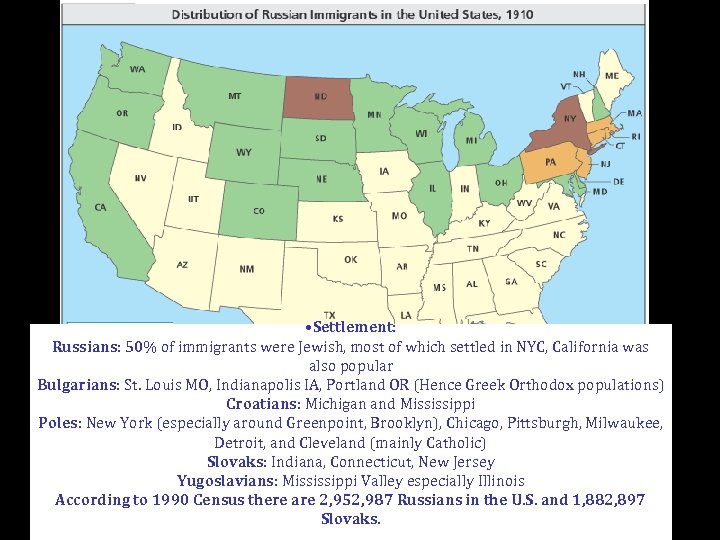  • Settlement: Russians: 50% of immigrants were Jewish, most of which settled in