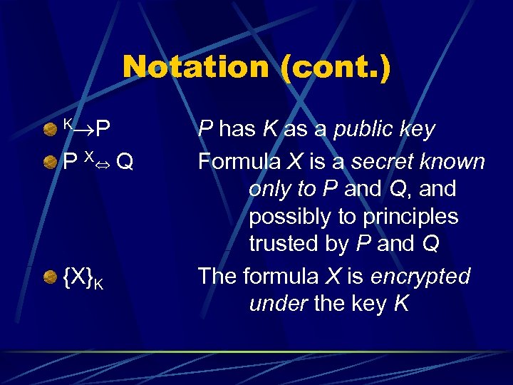 Notation (cont. ) K P P X Q {X}K P has K as a