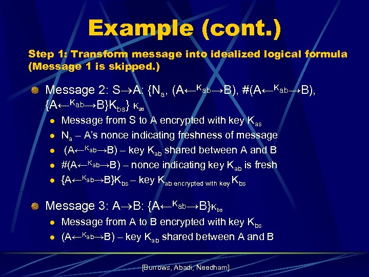 Example (cont. ) Step 1: Transform message into idealized logical formula (Message 1 is