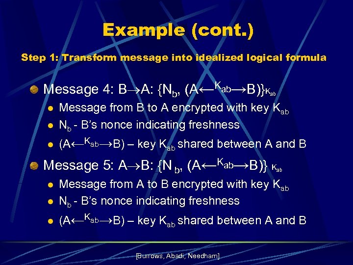 Example (cont. ) Step 1: Transform message into idealized logical formula Message 4: B