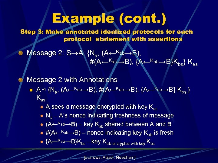 Example (cont. ) Step 3: Make annotated idealized protocols for each protocol statement with