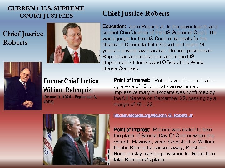 CURRENT U. S. SUPREME COURT JUSTICES Chief Justice Roberts Former Chief Justice William Rehnquist