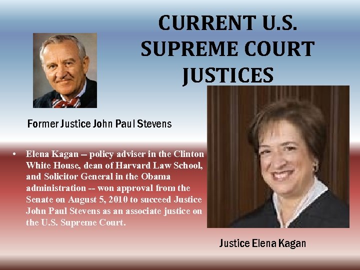 CURRENT U. S. SUPREME COURT JUSTICES Former Justice John Paul Stevens • Elena Kagan