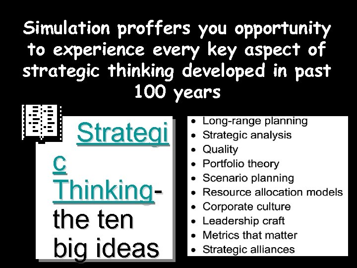 Simulation proffers you opportunity to experience every key aspect of strategic thinking developed in