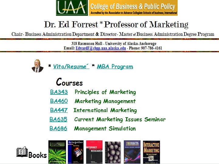 Vita/Resume´ * MBA Program BA 343 Principles of Marketing BA 460 Marketing Management BA