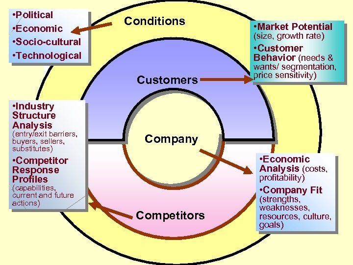  • Political • Economic • Socio-cultural • Technological Conditions • Market Potential (size,