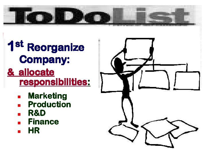st Reorganize 1 Company: & allocate responsibilities: n n n Marketing Production R&D Finance