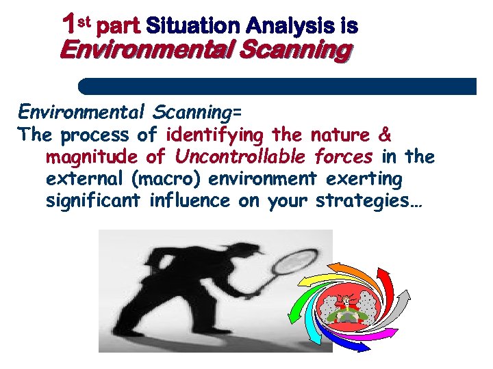 1 st part Situation Analysis is Environmental Scanning= The process of identifying the nature