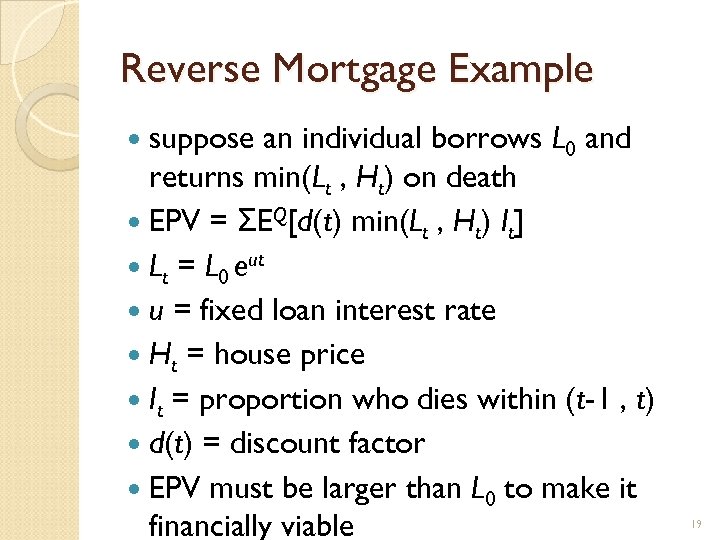 Reverse Mortgage Example suppose an individual borrows L 0 and returns min(Lt , Ht)