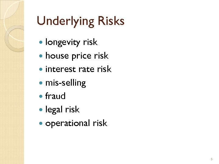 Underlying Risks longevity risk house price risk interest rate risk mis-selling fraud legal risk