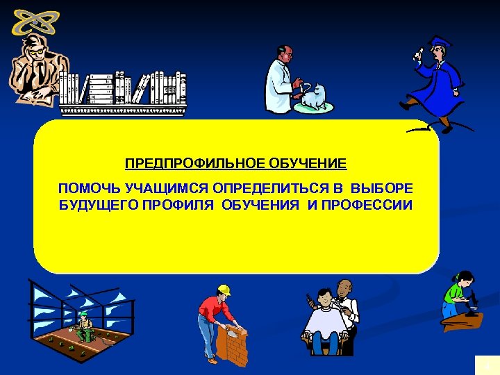  ПРЕДПРОФИЛЬНОЕ ОБУЧЕНИЕ ПОМОЧЬ УЧАЩИМСЯ ОПРЕДЕЛИТЬСЯ В ВЫБОРЕ БУДУЩЕГО ПРОФИЛЯ ОБУЧЕНИЯ И ПРОФЕССИИ 4