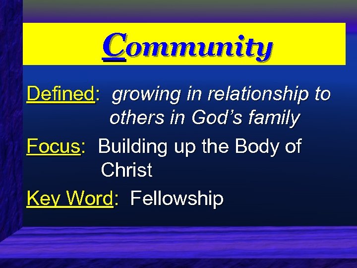 Community Defined: growing in relationship to others in God’s family Focus: Building up the