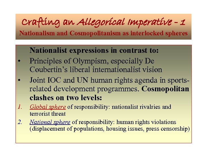 Crafting an Allegorical Imperative - 1 Nationalism and Cosmopolitanism as interlocked spheres • •