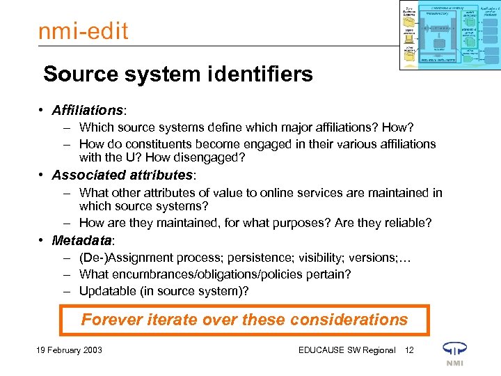 Source system identifiers • Affiliations: – Which source systems define which major affiliations? How?