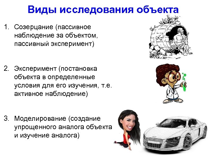 Виды исследования объекта 1. Созерцание (пассивное наблюдение за объектом, пассивный эксперимент) 2. Эксперимент (постановка