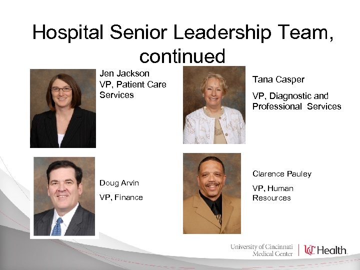 Hospital Senior Leadership Team, continued Jen Jackson VP, Patient Care Services Tana Casper VP,