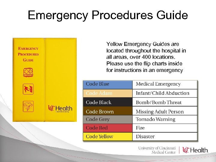 Emergency Procedures Guide Yellow Emergency Guides are located throughout the hospital in all areas,