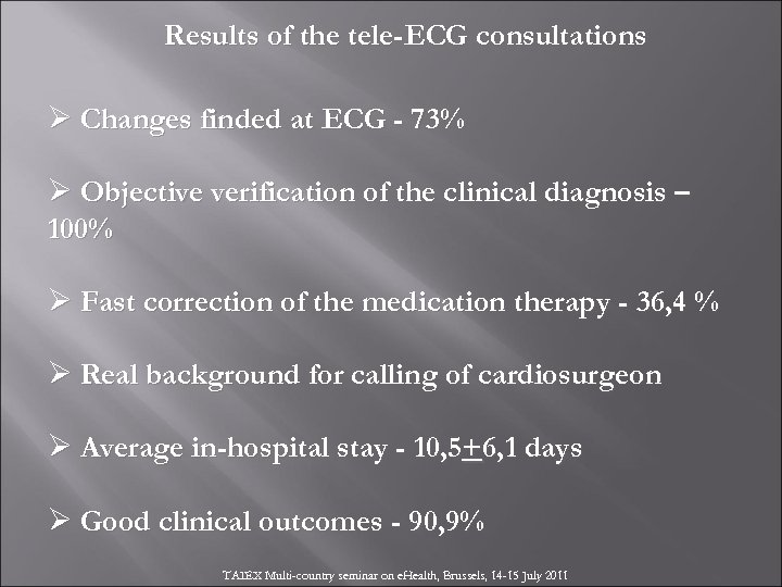 Results of the tele-ECG consultations Ø Changes finded at ECG - 73% Ø Objective