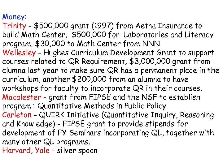 Money: Trinity - $500, 000 grant (1997) from Aetna Insurance to build Math Center,