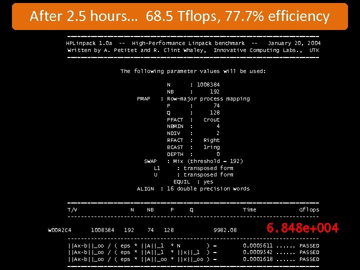 After 2. 5 hours… 68. 5 Tflops, 77. 7% efficiency ====================================== HPLinpack 1. 0