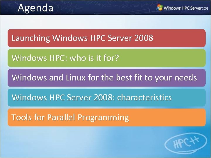 Agenda Launching Windows HPC Server 2008 Windows HPC: who is it for? Windows and