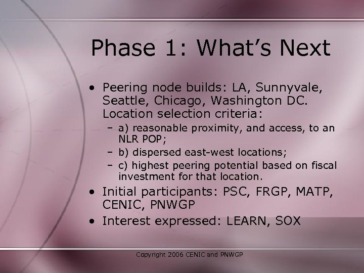 Phase 1: What’s Next • Peering node builds: LA, Sunnyvale, Seattle, Chicago, Washington DC.