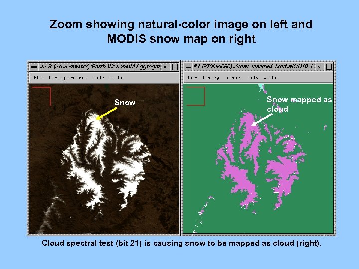 Zoom showing natural-color image on left and MODIS snow map on right Snow mapped