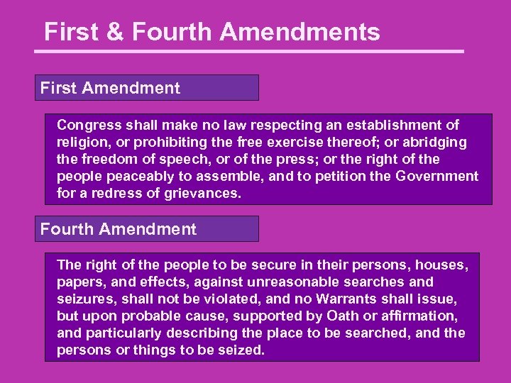 First & Fourth Amendments First Amendment Congress shall make no law respecting an establishment