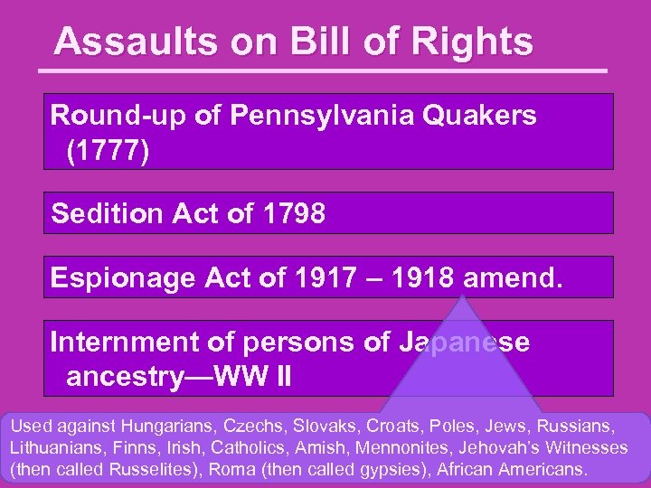 Assaults on Bill of Rights Round-up of Pennsylvania Quakers (1777) Sedition Act of 1798
