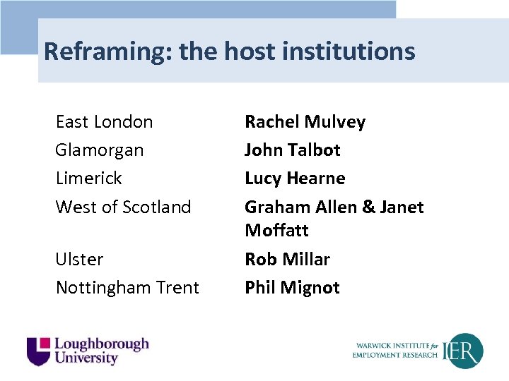 Reframing: the host institutions East London Glamorgan Limerick West of Scotland Ulster Nottingham Trent