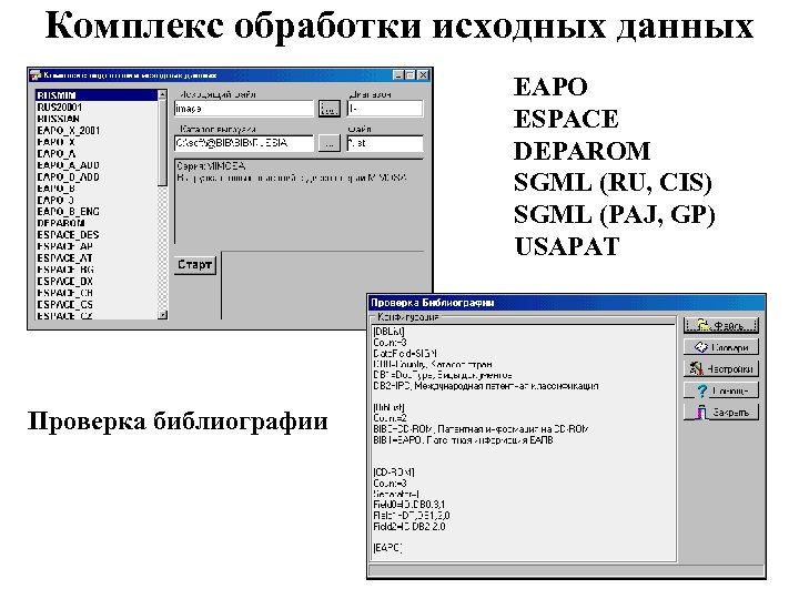 Комплекс обработки исходных данных EAPO ESPACE DEPAROM SGML (RU, CIS) SGML (PAJ, GP) USAPAT