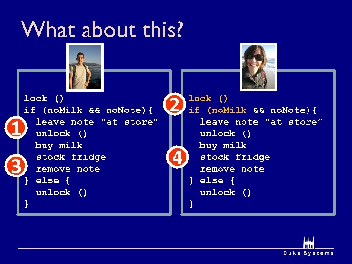 What about this? 1 3 lock () if (no. Milk && no. Note){ leave