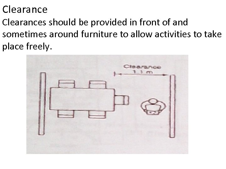 Clearances should be provided in front of and sometimes around furniture to allow activities