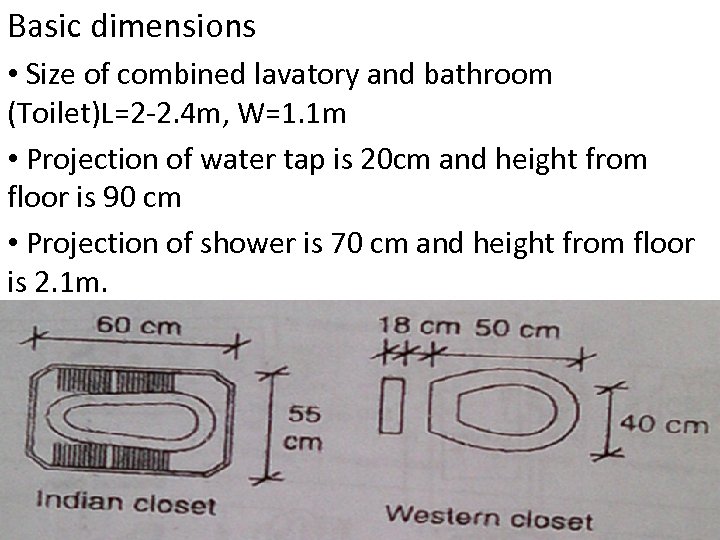 Basic dimensions • Size of combined lavatory and bathroom (Toilet)L=2 -2. 4 m, W=1.