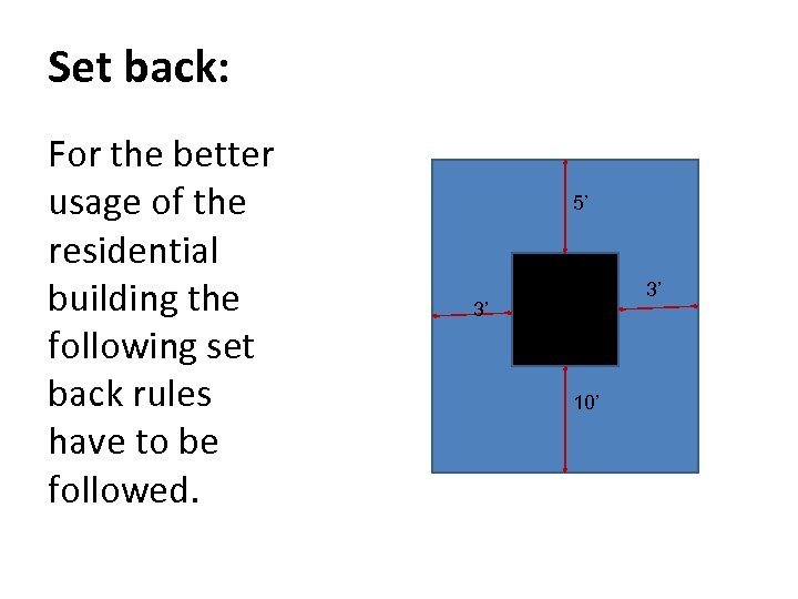 Set back: For the better usage of the residential building the following set back