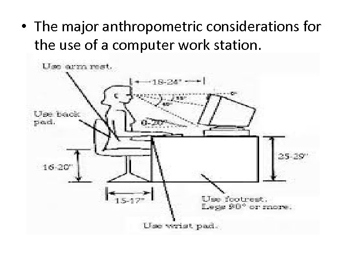  • The major anthropometric considerations for the use of a computer work station.
