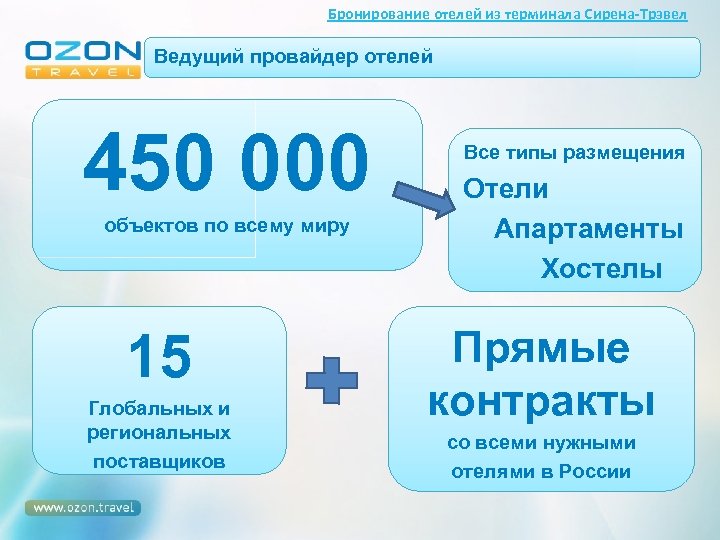 Бронирование отелей из терминала Сирена-Трэвел Ведущий провайдер отелей 450 000 объектов по всему миру