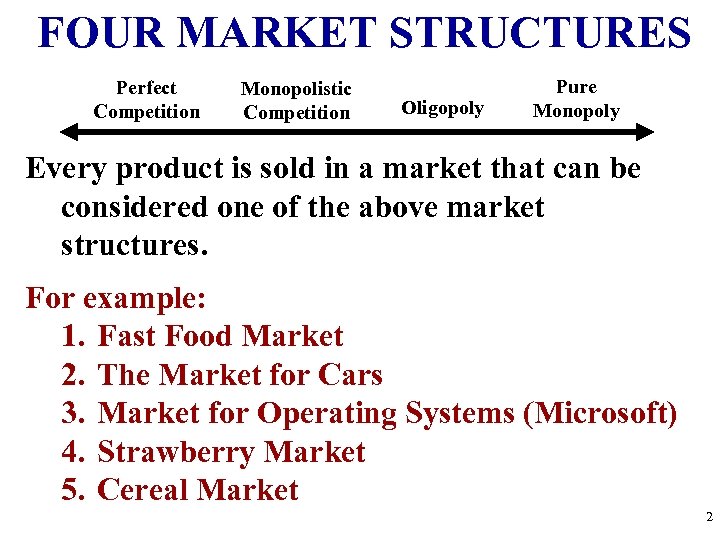 FOUR MARKET STRUCTURES Perfect Competition Monopolistic Competition Oligopoly Pure Monopoly Every product is sold