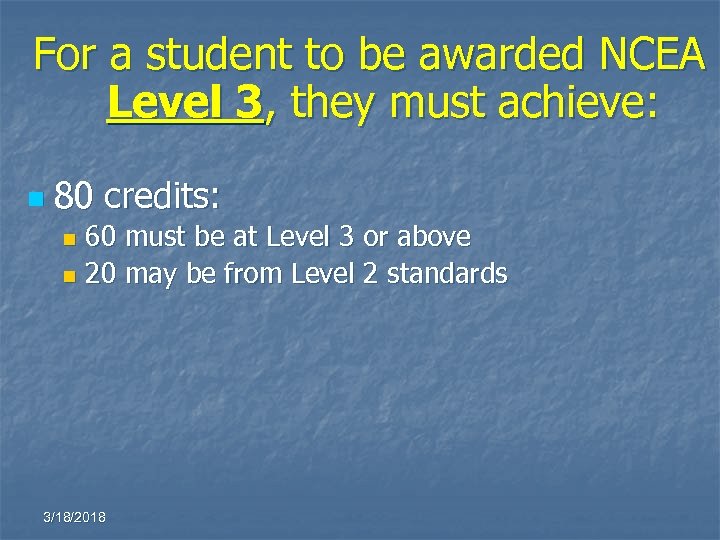 For a student to be awarded NCEA Level 3, they must achieve: n 80