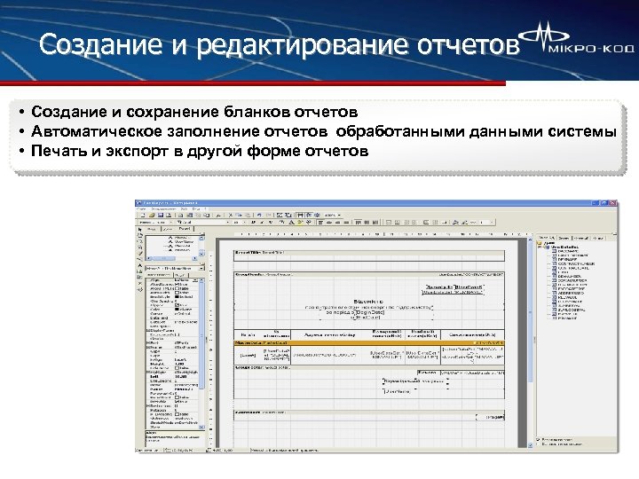 Создание и редактирование отчетов • Создание и сохранение бланков отчетов • Автоматическое заполнение отчетов
