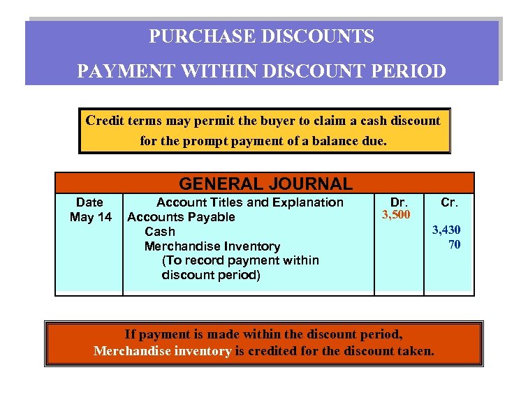 PURCHASE DISCOUNTS PAYMENT WITHIN DISCOUNT PERIOD Credit terms may permit the buyer to claim