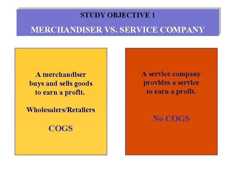 STUDY OBJECTIVE 1 MERCHANDISER VS. SERVICE COMPANY A merchandiser buys and sells goods to