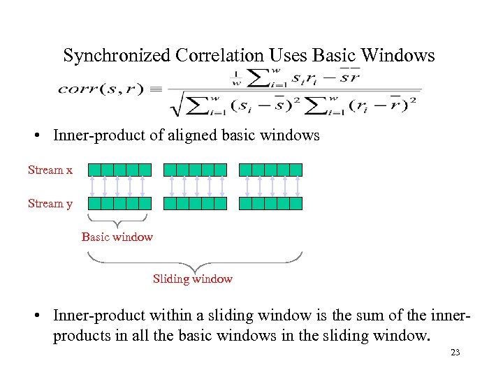 Synchronized Correlation Uses Basic Windows • Inner-product of aligned basic windows Stream x Stream